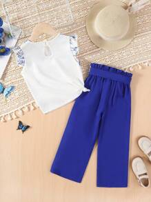 SHEIN Young Girl Floral Print Ruffle Trim Top & Paperbag Waist Belted Pants - Multicolor - View 2