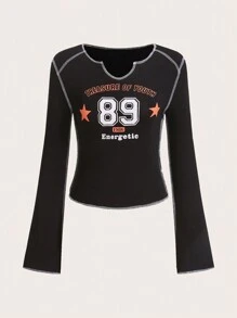 SHEIN EZwear Đồ họa Chữ cái Khâu trên cùng Áo thun - màu đen - Xem 1