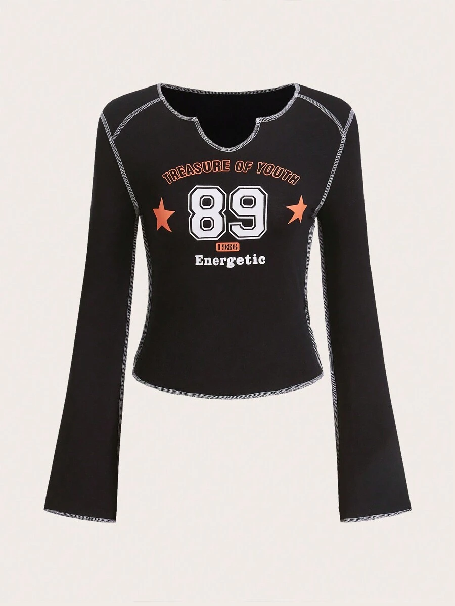 SHEIN EZwear Đồ họa Chữ cái Khâu trên cùng Áo thun - màu đen - Xem 1