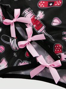 ROMWE Kawaii Cartoon Print Harness Mesh Teddy Bodysuit - Black - View 4