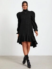 Claude Russell Vestido de cuello cisne de manga amplia bajo con fruncido - Negro - Ver 3