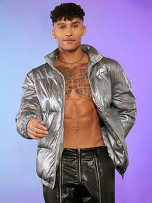 FeverCity Men Holographic Zip Up Padded Coat - Silver - View 4