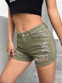 SHEIN PETITE 破洞卷邊牛仔短褲 - 軍綠色 - 查看 3