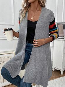 SHEIN Essnce Striped Pattern Casual Design Cardigan - Grey - View 6