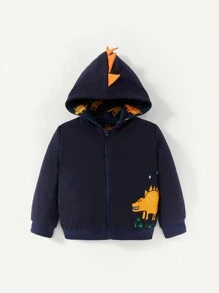 Cozy Pixies Baby Boy Dinosaur Print 3D Design Hooded Thermal Lined Coat - Navy Blue - View 5
