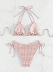 Halter Triangle Tie Side Bikini Set For Summer Beach - Pink - View 2