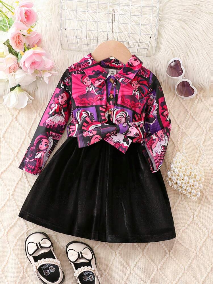 Baby Girl Figure Graphic Belted Shirt Dress