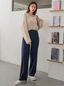 DAZY Quần âu ống đứng màu trơn cho nữ, trang phục công sở thường ngày, trang phục trở lại trường học mùa thu/đông - Màu xanh hải quân - Xem 5