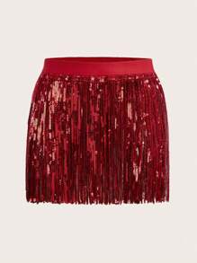 SHEIN ICON Sequin Fringe Trim Skirt - Red - View 1