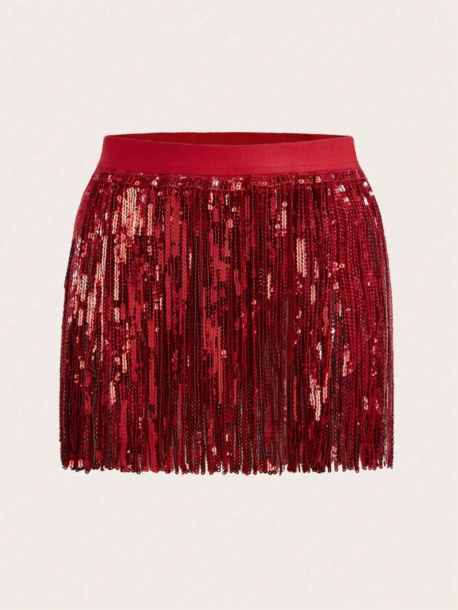 SHEIN ICON Sequin Fringe Trim Skirt - Red - View 1