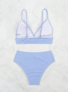 Swim Basics 夏季沙灘條紋高腰比基尼套裝 - 藍白色 - 查看 3