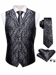 Men Plus Baroque Jacquard Waistcoat - Grey - View 1