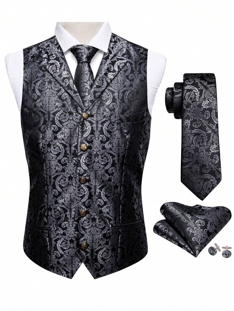 Men Plus Baroque Jacquard Waistcoat - Grey - View 1
