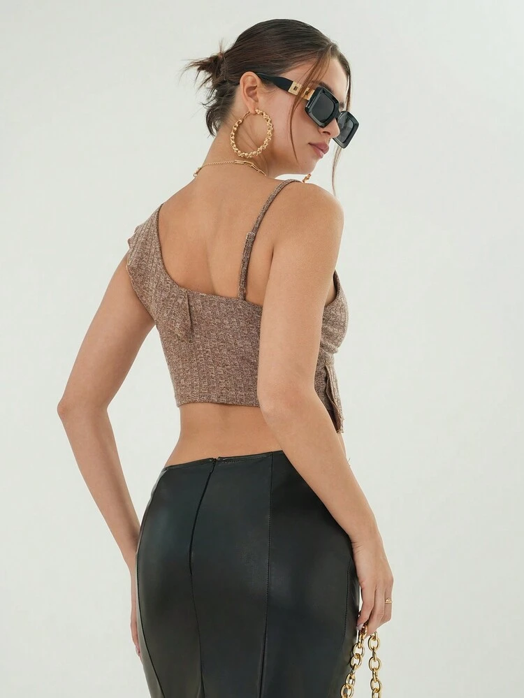 Asymmetrical Neck Ruffle Trim Crop Top