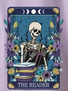 INAWLY 女士休闲宽松字母骷髅印花圆领落肩T恤 - 紫丁香色 - 查看 4