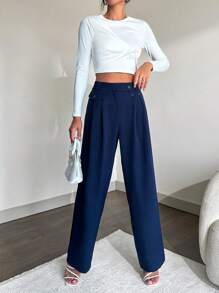 SHEIN Cottnline Navy Blue Professional Straight-Leg Business Suit Pants - Navy Blue - View 4