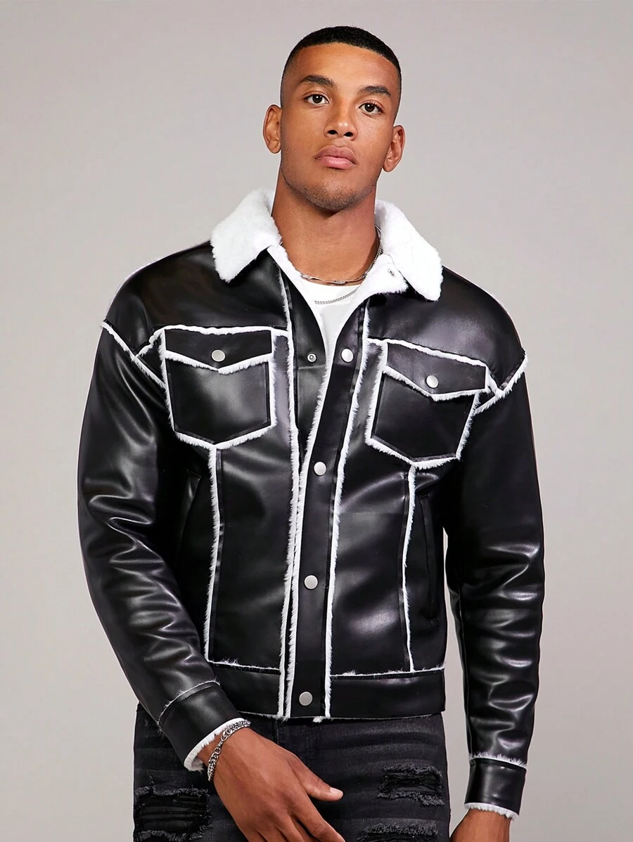 GENTILAND Men Borg Collar Teddy Lined PU Leather Jacket - Black - View 1
