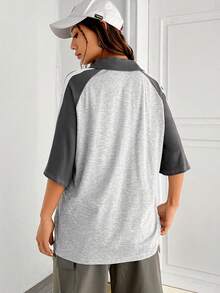 SHEIN EZwear T-Shirt mit Buchstaben Grafik, Kontrastsaum, Raglanärmeln, Viertel Reißverschluss - Grau - Übersicht 2