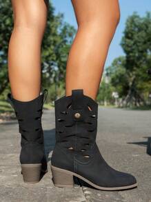 Styleloop 女性時尚西部風格切設計粗跟美式短靴帶側拉鍊 - 黑色 - 查看 1