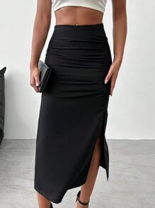 SHEIN Cottnline High Waist Ruched Split Thigh Skirt - Black - View 4