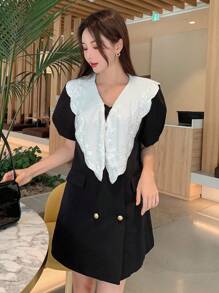 DAZY Contrast Statement Collar Puff Sleeve Blazer,Ruffle Business Attire - Black - View 4