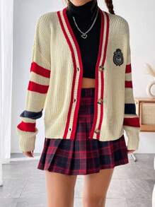 SHEIN Qutie Mẫu sọc Chi tiết vá Thả vai Áo len Mở - Màu be - Xem 3