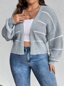 SHEIN LUNE Hơn Mẫu sọc Thả vai Áo len Duster - Xám - Xem 6