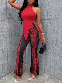 SHEIN Slayr Asymmetrical Hem Halter Top & Striped Flare Leg Pants - Red - View 3