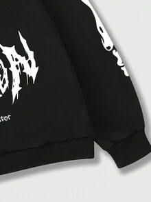 ROMWE MEN Goth 男士標語&骷髅圖案袋鼠口袋抽繩連帽衫 - 黑色 - 查看 4