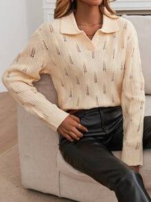 SHEIN Essnce Solid Pointelle Knit Drop Shoulder Sweater - Beige - View 6