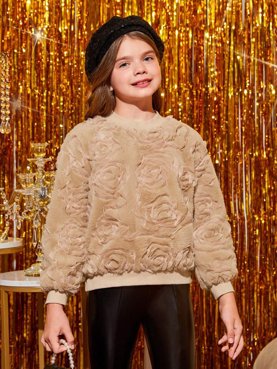SHEIN Tween Girl 3d Rose  Lantern Sleeve Fuzzy Pullover - Camel - View 1