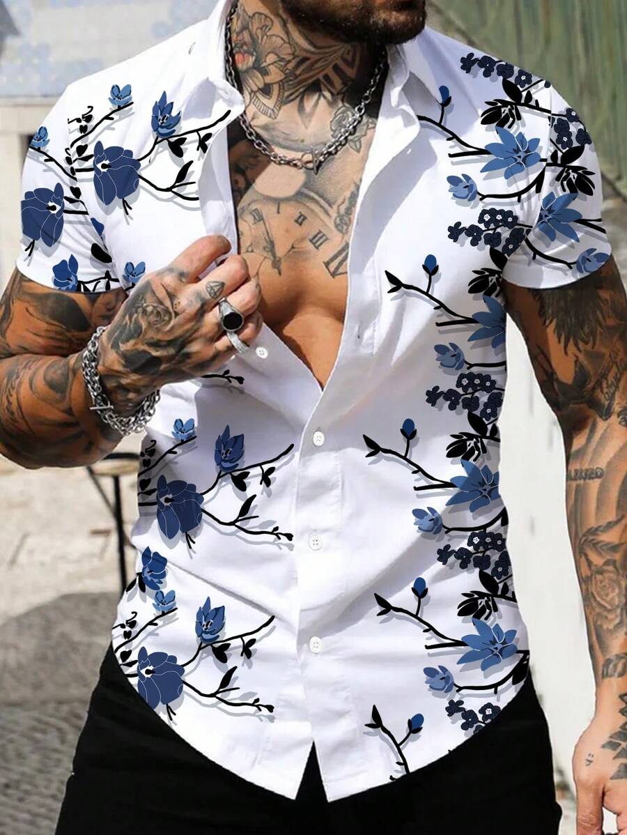 Manfinity Homme Hombres talla grande Camisa con estampado floral - Blanco - Ver 1