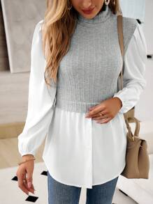 SHEIN LUNE Colourblock Puff Sleeve 2 In 1 Top - Light Grey - View 5