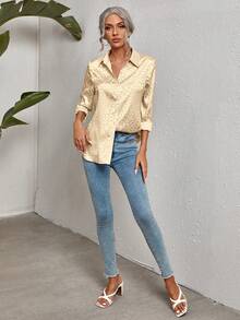 SHEIN Clasi Báo Dệt hoa Xa ten Áo sơ mi - Màu vàng - Xem 3