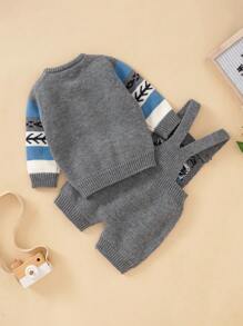 SHEIN Baby Boy Geo Pattern Cardigan & Knit Romper - Grey - View 2