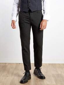 RueChic Men's Striped Suit Trousers - Black - View 2