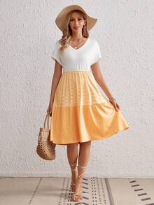 SHEIN VCAY Striped & Polka Dot Print Ruffle Hem Dress - Multicolor - View 4