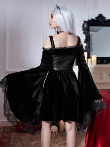 PUNK Halloween Solid Contrast Lace Velvet Dress - Black - View 2