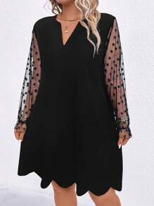 SHEIN Clasi 大碼拼接波點網紗喇叭袖貝殼邊洋裝 - 黑色 - 查看 3