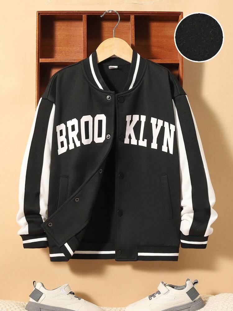 Tween Boy Letter Graphic Striped Trim Contrast Side Seam Varsity Jacket