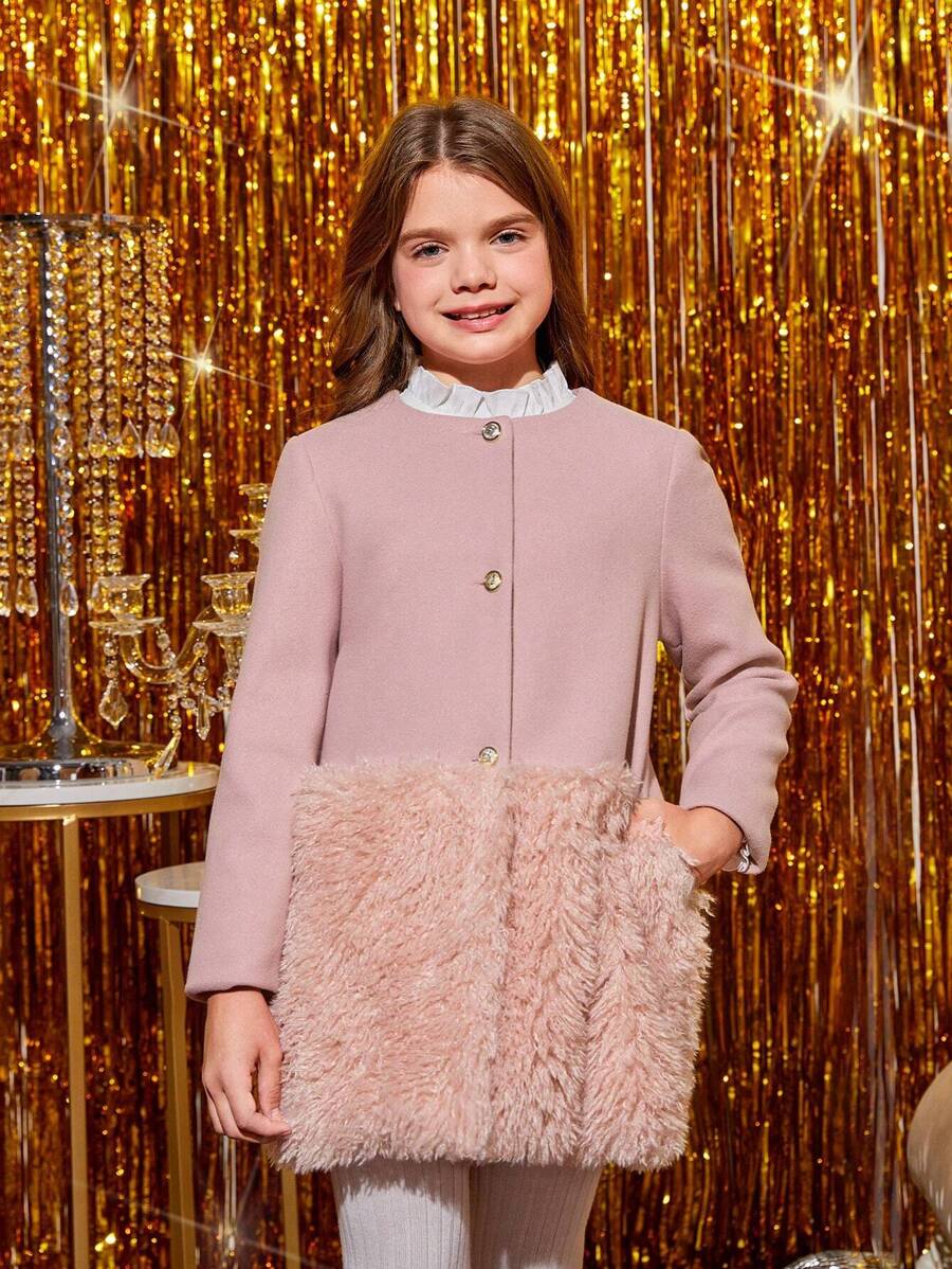 SHEIN Tween Girl 1pc Contrast Fuzzy Panel Overcoat - Pink - View 1