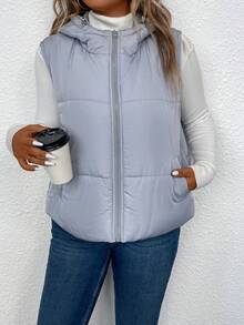SHEIN LUNE Plus Áo khoác có mũ trùm đầu có khóa kéo có đệm Quần áo mùa đông - Xám - Xem 7