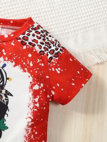 SHEIN Cô Gái Trẻ Đồ họa Hình & Chữ cái Áo thun Đối với Giáng sinh - Đỏ - Xem 3