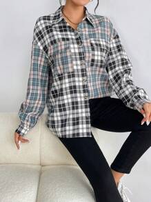 SHEIN Essnce Chemise À Carreaux Épaule tombante Poche À Rabat À Bouton - Multicolore - Voir 1