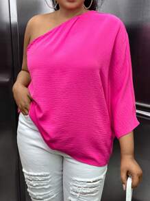 Celure Plus One Shoulder Batwing Sleeve Blouse - Hot Pink - View 7