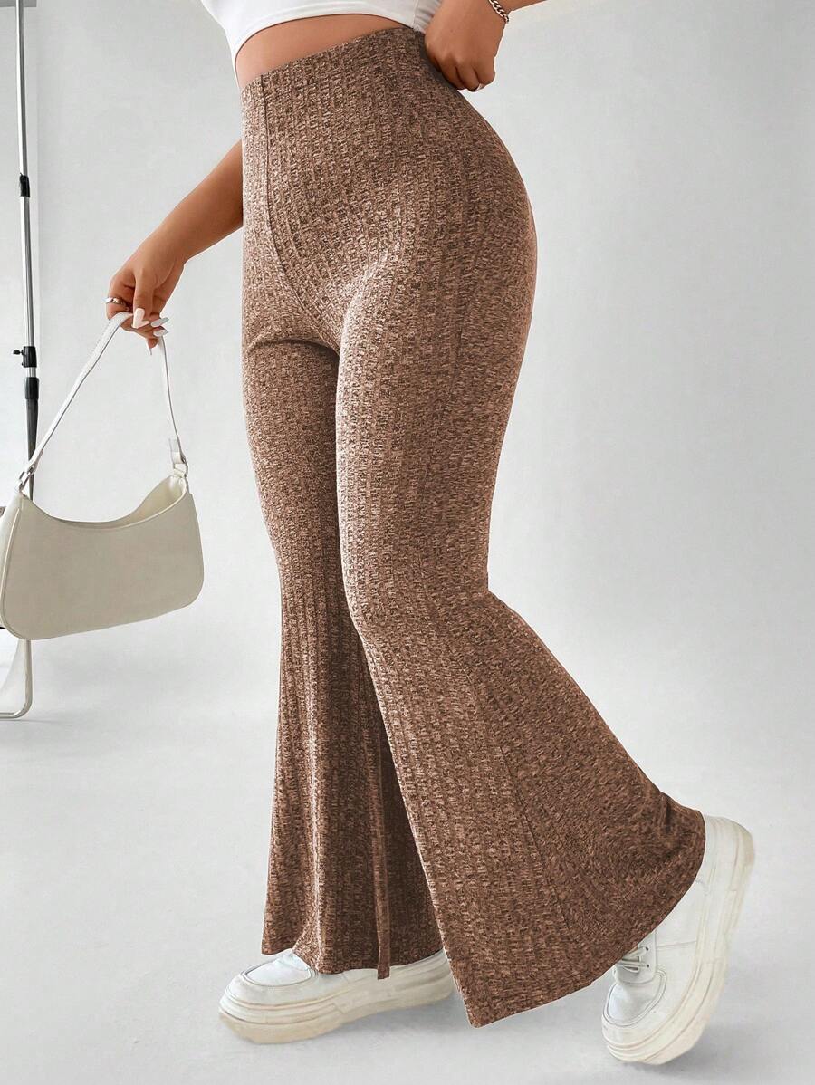 Flirla Hơn Dệt kim Marled Quần ống loe - màu nâu - Xem 1