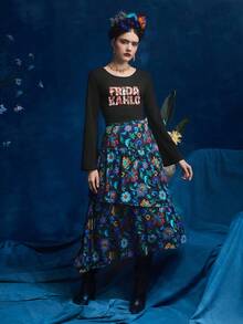 FURNANDA Frida Kahlo X SHEIN X Designer 字母圖案鐘形袖短款t恤 - 黑色 - 查看 6