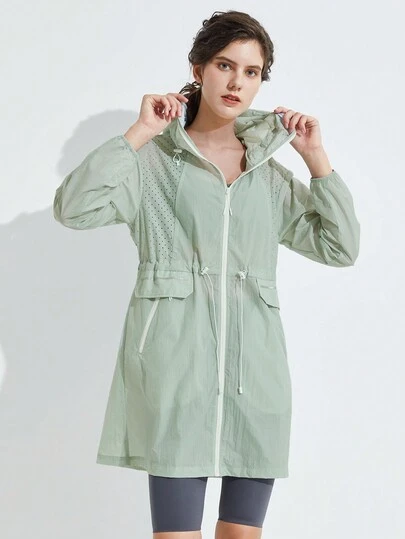 Zip Up Drawstring Waist Drop Shoulder Hooded Coat