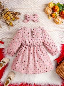 Đứa bé gái In hoa Ditsy Viền Ruffle Nơ mặt trước Đầm & Băng đô đầu - Hồng - Xem 2