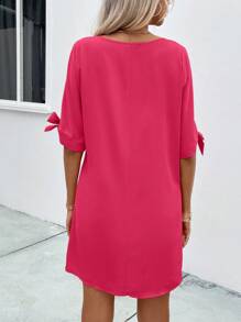 SHEIN Clasi 素色打結袖口直筒洋裝 - 玫紅色 - 查看 2